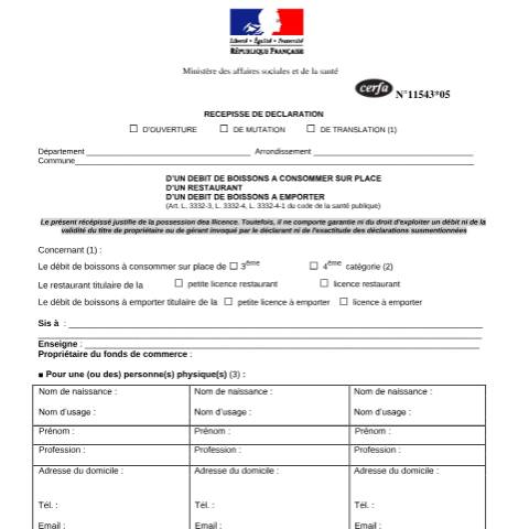Aperçu du document Récépissé de déclaration d'ouverture, de mutation, de translation d'un restaurant ou d'un débit de boissons à consommer sur place ou à emporter (preuve de la licence) — Particuliers, France (CERFA n°11543*05)