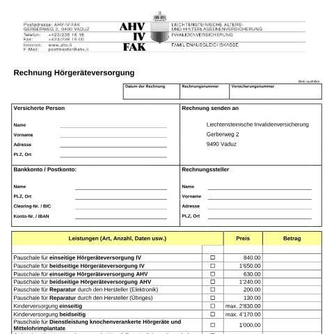 Dokumentvorschau: Rechnung Hörgeräteversorgung ( — AHV-IV-FAK (Sozialversicherung), Liechtenstein (CERFA n°IV--Rechnung_Hörgeräteversorgung)