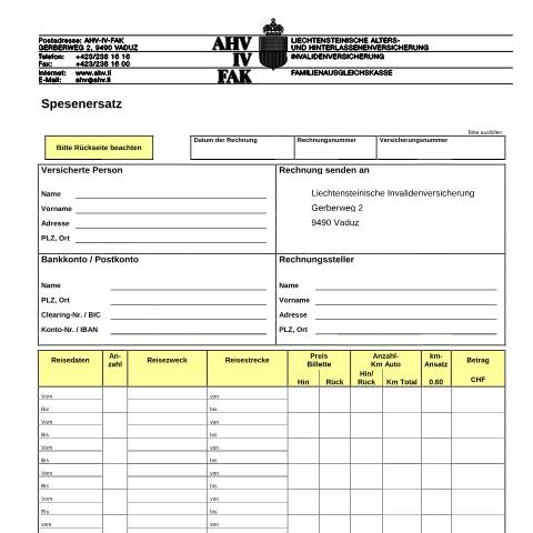 Dokumentvorschau: Rechnung Spesenersatz (Fahrtkosten, Unterkunft, Verpflegung, Diverses) ( — AHV-IV-FAK (Sozialversicherung), Liechtenstein (CERFA n°AHV-IV-FAK-FORM-3-04--Spesenersatz)
