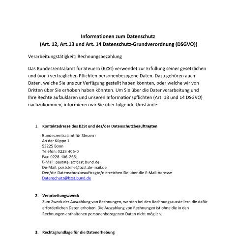 Dokumentvorschau: Rechnungsbezahlung — BZSt/Informationen_zum_Datenschutz, Deutschland (CERFA n°Rechnungsbezahlung)