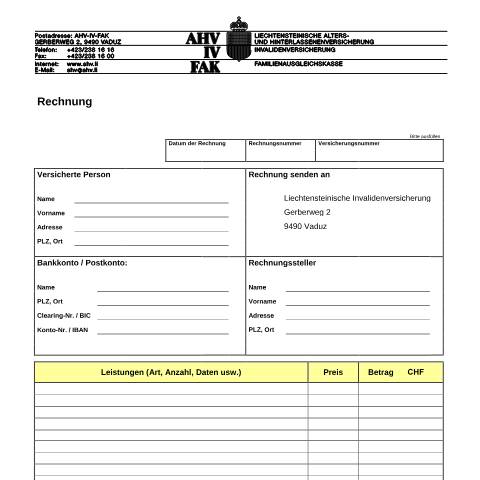 Dokumentvorschau: Rechnungsformular / Spesenformular ( — AHV-IV-FAK (Sozialversicherung), Liechtenstein (CERFA n°AHV-IV-FAK-FORM-3-05--Rechnungsformular)