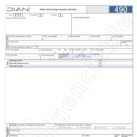 Vista previa del documento Recibo oficial de pago impuestos nacionales. Resolución 000051 de mayo 21 de 2020 - Resolución 000050 de marzo 29 de 2023 – Resolución 000004 de enero 25 de 2024 – Resolución 000196 de febrero 28 de 2025 — Año 2025, Colombia (CERFA n°F490-2025)