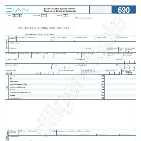 Vista previa del documento Recibo Oficial de Pago Tributos Aduaneros y Sanciones Cambiarias — Año 2022, Colombia (CERFA n°F690-2022)