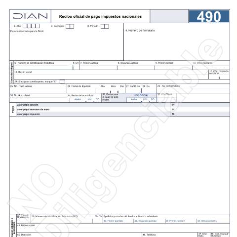 Vista previa del documento Recibo oficial de pago impuestos nacionales - Resolución 000051 de mayo 21 de 2020 - Resolución 000050 de marzo 29 de 2023 – Resolución 000004 de enero 25 de 2024 – Resolución 000196 de febrero 28 de 2025 - Resolución 000009 de marzo 27 de 2026. — Año 2026, Colombia (CERFA n°F490-2026)