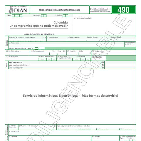Vista previa del documento Recibo Oficial de Pago Impuestos Nacionales — Año 2012, Colombia (CERFA n°F490-2012)