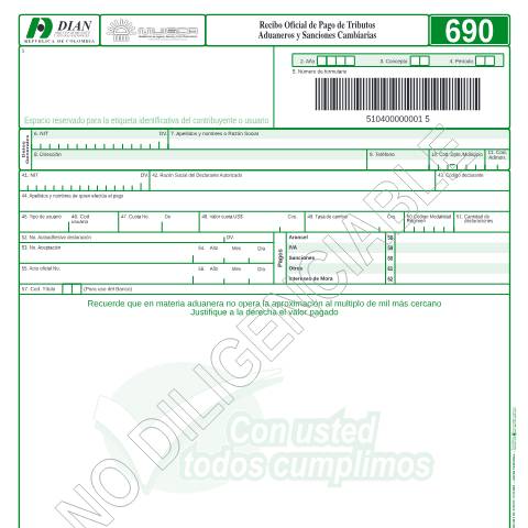 Vista previa del documento Recibo oficial de pago tributos aduaneros y sanciones cambiarias — Año 2004, Colombia (CERFA n°F690-2004)