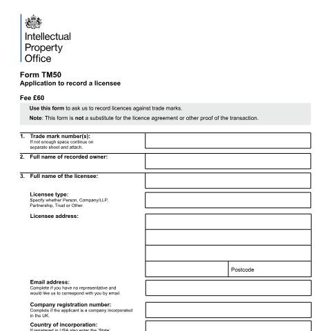 Document preview: Application to record a licensee — Intellectual Property Office, United Kingdom
