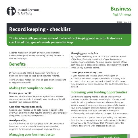 Document preview: Record keeping - checklist — Managing my tax, New Zealand (CERFA n°IR1008)