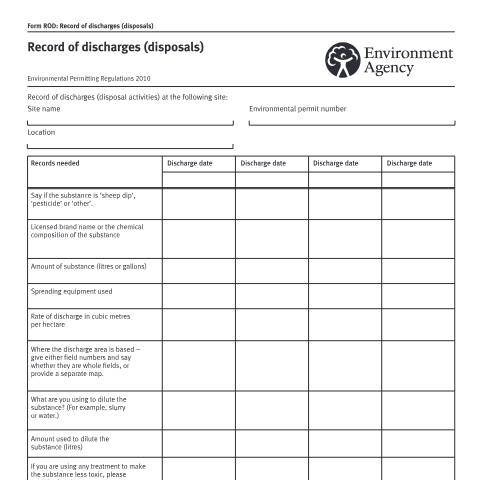 Document preview: Form ROD: Record of discharges (disposals) — Environment Agency, United Kingdom