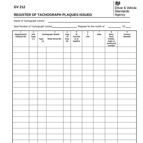 Document preview: Record tachograph plaques issued by your centre — Driver and Vehicle Standards Agency, United Kingdom