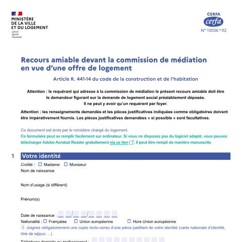 Aperçu du document Recours amiable devant la commission départementale de médiation en vue d'une offre de logement — Particuliers, France (CERFA n°15036*01)