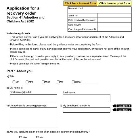 Document preview: Application for a Recovery Order (Section 41 Adoption and Children Act 2002): Form A57 — HM Courts & Tribunals Service, United Kingdom