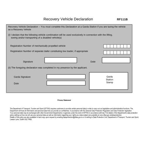 Document preview: Recovery Vehicle Declaration — Department of Transport, Ireland