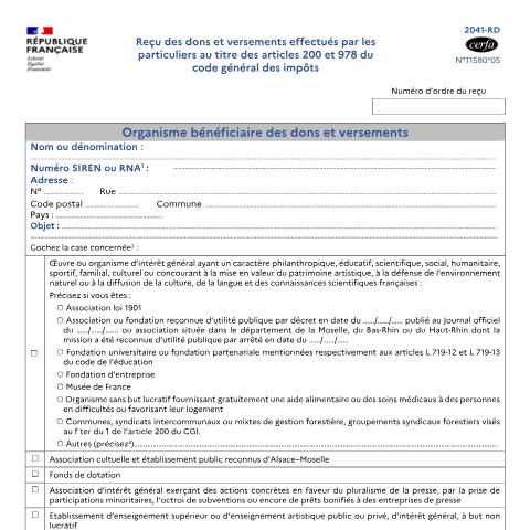 Aperçu du document Reçu des dons et versements effectués par un particulier à un organisme d'intérêt général — Particuliers, France (CERFA n°11580)