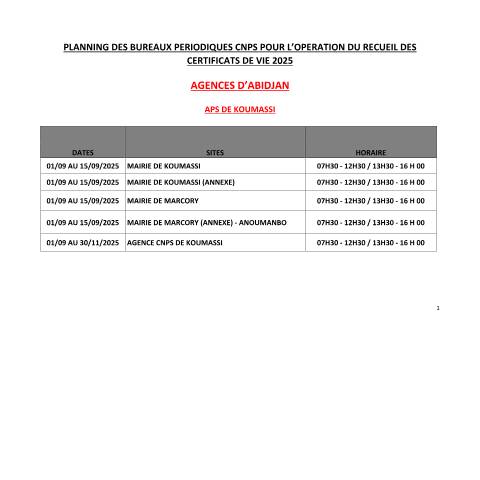 Aperçu du document PLANNING DES BUREAUX PERIODIQUES POUR LE RECUEIL DES CERTIFICATS DE VIE — Document CNPS (prévoyance sociale), Côte d'Ivoire