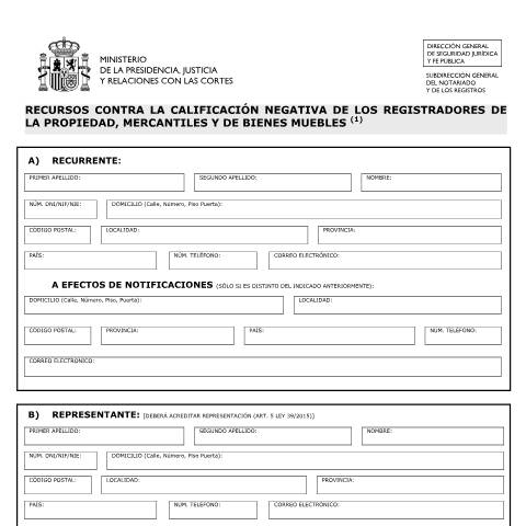 Vista previa del documento Solicitud de Recursos contra la calificación negativa de los registradores de la propiedad, de los registradores mercantiles y de los registradores de bienes muebles — Ministerio de Justicia — Modelos de solicitud normalizados, España