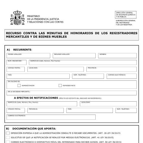 Vista previa del documento Modelo de Solicitud de Recurso contra las minutas de honorarios de los registradores mercantiles y de bienes muebles — Ministerio de Justicia — Modelos de solicitud normalizados, España