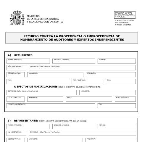 Vista previa del documento Modelo de Solicitud de Recurso contra la procedencia o improcedencia de nombramiento de auditores y expertos independientes — Ministerio de Justicia — Modelos de solicitud normalizados, España
