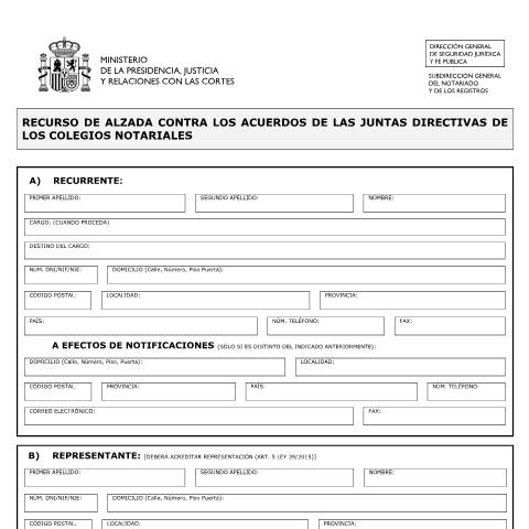 Vista previa del documento Modelo de Solicitud de Recurso de alzada contra los acuerdos de las juntas directivas de los colegios notariales — Ministerio de Justicia — Modelos de solicitud normalizados, España
