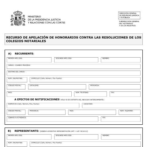 Vista previa del documento Modelo de Solicitud de Recurso de Apelación de Honorarios contra las Resoluciones de las Juntas Directivas de los Colegios Notariales — Ministerio de Justicia — Modelos de solicitud normalizados, España