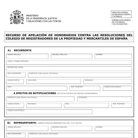 Vista previa del documento Modelo de Solicitud de Recurso de apelación de honorarios contra las resoluciones del colegio de registradores de la propiedad y mercantiles de España — Ministerio de Justicia — Modelos de solicitud normalizados, España