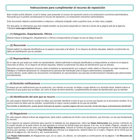 Vista previa del documento Interposición de recurso de reposición-Instrucciones — AEAT — Modelos de representación / autorización, España