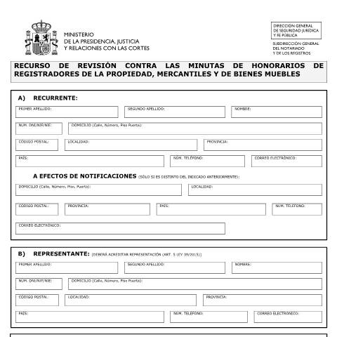 Vista previa del documento Solicitud de Recurso de revisión contra las minutas de honorarios de registradores de la propiedad, mercantiles y de bienes muebles — Ministerio de Justicia — Modelos de solicitud normalizados, España