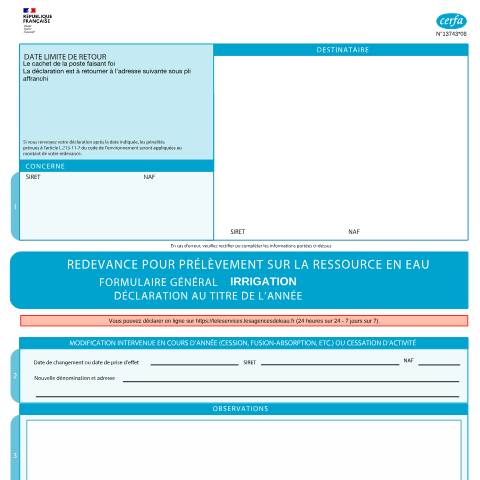 Aperçu du document Redevance pour prélèvement sur la ressource en eau - Formulaire général - Usage irrigation — Professionnels, France (CERFA n°13743*08)