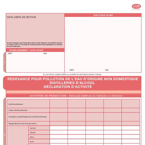 Aperçu du document Redevance pour pollution de l'eau d'origine non domestique et pour modernisation des réseaux de collecte - Distilleries d'alcool — Professionnels, France (CERFA n°13733*06)