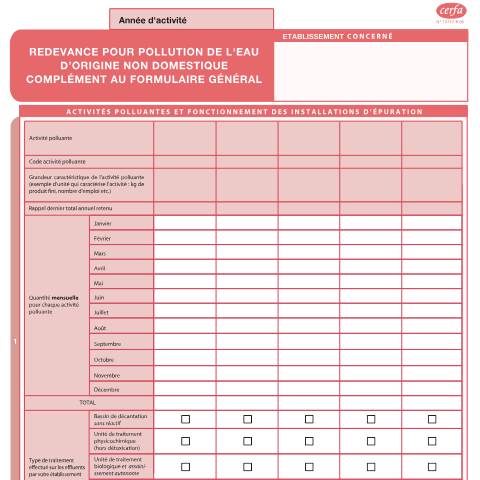 Aperçu du document Redevance pour pollution de l'eau d'origine non domestique - complément au formulaire général — Professionnels, France (CERFA n°13737*05)