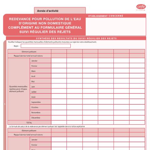 Aperçu du document Redevance pour pollution de l'eau d'origine non domestique - Complément au formulaire général suivi régulier des rejets — Professionnels, France (CERFA n°13728*05)