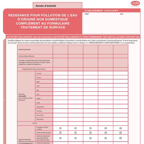 Aperçu du document Redevance pour pollution de l'eau d'origine non domestique - Complément traitement de surface — Professionnels, France (CERFA n°13730*05)