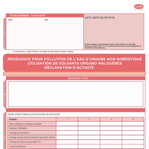 Aperçu du document Redevance pour pollution de l'eau d'origine non domestique : utilisation de solvants organo-halogénés — Professionnels, France (CERFA n°13732*03)