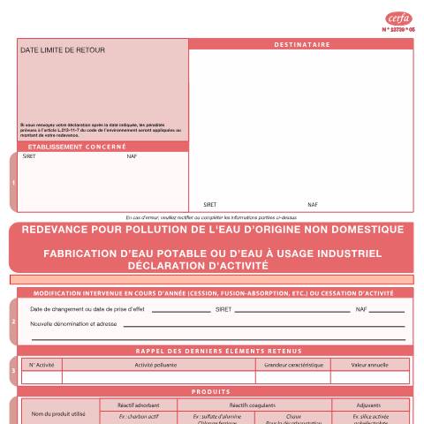 Aperçu du document Redevance pour pollution d'origine non domestique et pour modernisation des réseaux de collecte - Fabrication d'eau potable ou d'eau à usage industriel — Professionnels, France (CERFA n°13739*04)