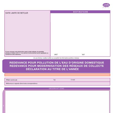 Aperçu du document Redevances pour pollution de l'eau d'origine domestique et pour modernisation des réseaux de collecte — Professionnels, France (CERFA n°13691*17)