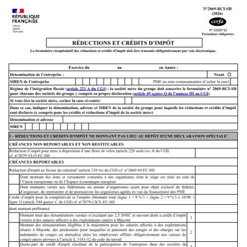 Aperçu du document Réductions et crédits d'impôt de l'exercice — Professionnels, France (CERFA n°15252)