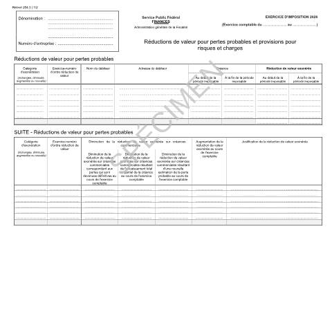 Aperçu du document Réductions de valeur pour pertes probables et des provisions pour risques et charges — IPP INR/pers.phys., Belgique (CERFA n°121-204-3)