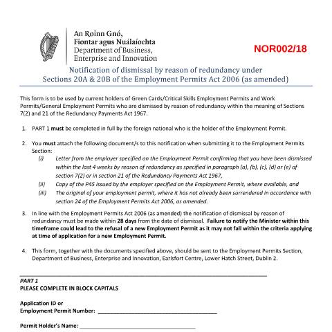 Document preview: Notification of dismissal by reason of redundancy under Sections 20A & 20B of the Employment Permits Act 2006 (as amended) — Department of Enterprise, Tourism and Employment, Ireland