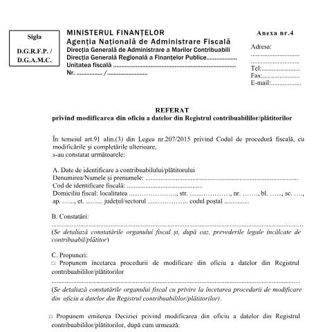Document preview: Referat privind modificarea din oficiu a datelor din Registrul contribuabililor/plătitorilor (OPANAF 3792/2024) — Documente emise, România (CERFA n°A4_OPANAF_3792_2024)