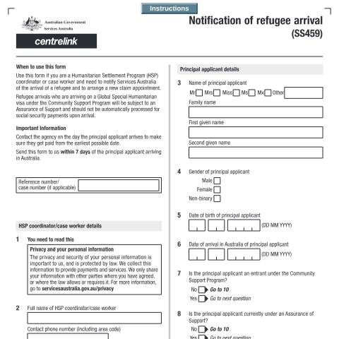 Document preview: Notification of refugee arrival — Services Australia — Individuals (by code), Australia (CERFA n°SS459)
