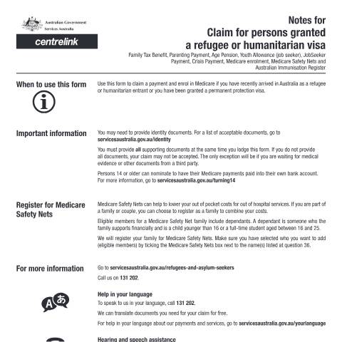 Document preview: Claim for persons granted a refugee or humanitarian visa — Services Australia — Individuals (by code), Australia (CERFA n°SS415)