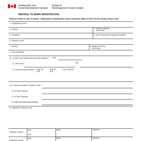 Document preview: Refusal to Work Registration — Labour, Canada (CERFA n°LAB1069)