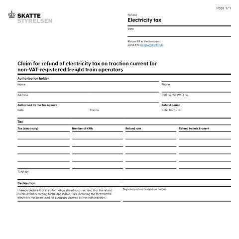 Document preview: Claim for refund of electricity tax on traction current for non-VAT-registered freight train operators — 23 Excise duties; energy, Danmark (CERFA n°23.045)