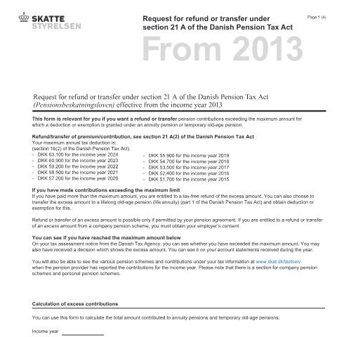 Document preview: Request for refund or transfer under section 21 A of the Danish Pension Tax Act — 07 Tax: gift tax and pension, Danmark (CERFA n°07.083)