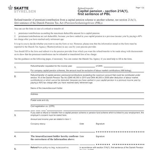 Document preview: Refund/transfer - Capital pension scheme - section, first sentence of PBL, 07.051 EN 21A(1) — 07 Tax: gift tax and pension, Danmark (CERFA n°07.051)