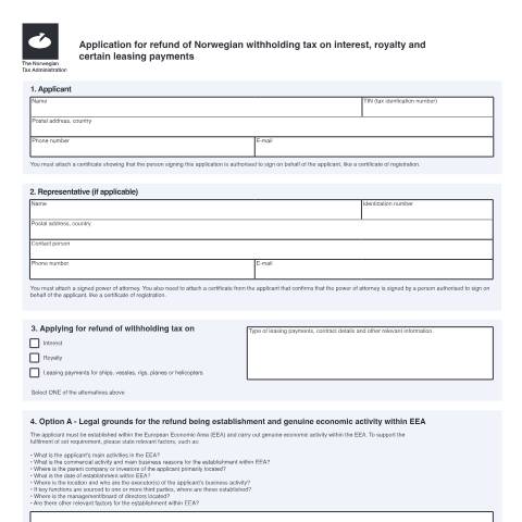 Document preview: Refusjon av kildeskatt på renter, royalty og leiebetalinger — Skatteetaten / Forms, Norge (CERFA n°RF-1541)