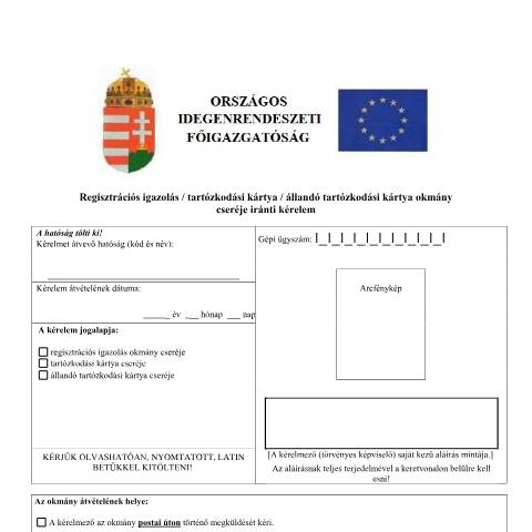Document preview: Reg.ig v tart. kártya v áll. tart. kártya okmány cseréje iránti kérelem — OIF_BEVANDORLAS, Magyarország
