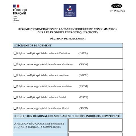 Aperçu du document Régime d'exonération de la taxe intérieure de consommation sur les produits énergétiques (TICPE) — Professionnels, France (CERFA n°16103*02)