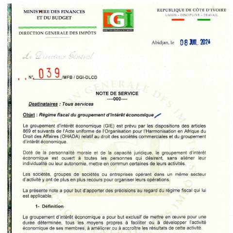 Aperçu du document note service 0039 0001 — Note de service, Côte d'Ivoire