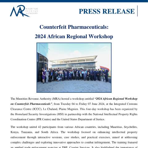 Document preview: Counterfeit Pharmaceuticals : 2024 African Regional Workshop (07.06.24) — Document, Mauritius (CERFA n°PressRelease070624)